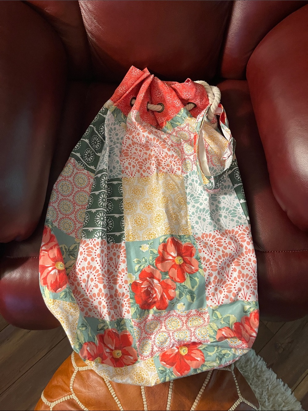 Patchwork Floral Drawstring laundry bag/beach bag in Coral and Teal